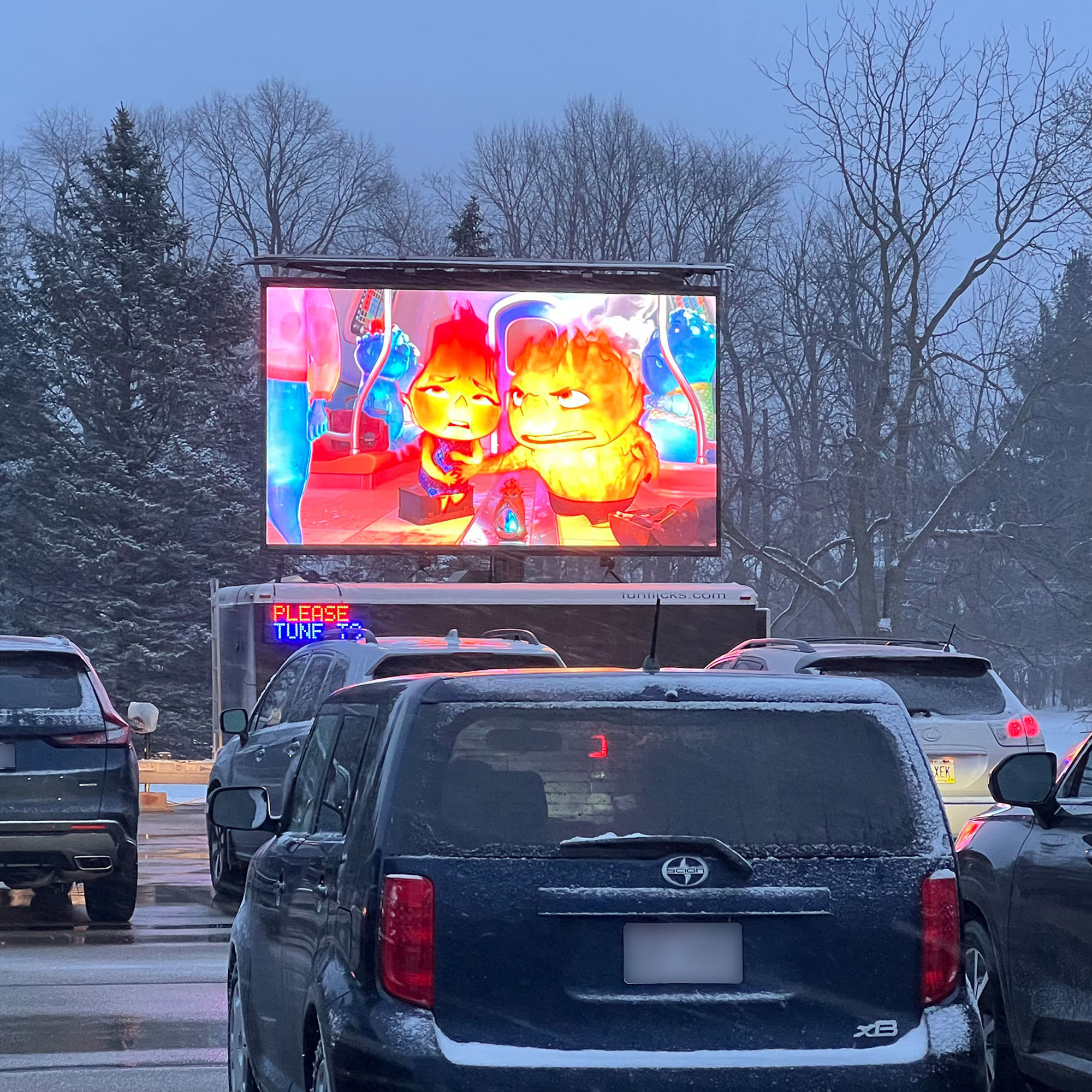 FunFlicks® LED trailer at a snowy drive-in