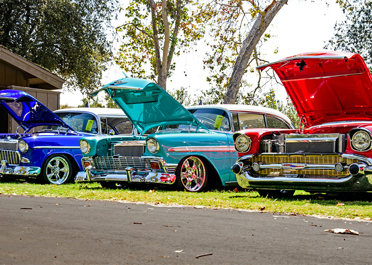 Classic vehicles lined up at a car show